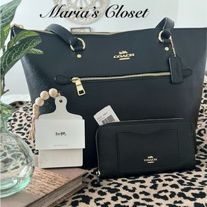 Coach 2Pcs Set BLACK Crossgrain Leather Gallery Tote Shoulder Bag/Wallet